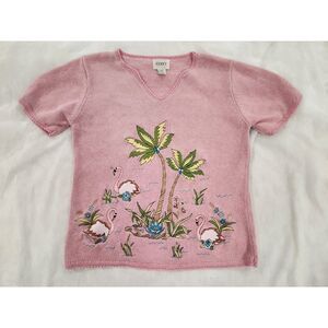 Vintage Jenny Embroidered Flamingo Lightweight Tropical Knit Sweater Pink Size S